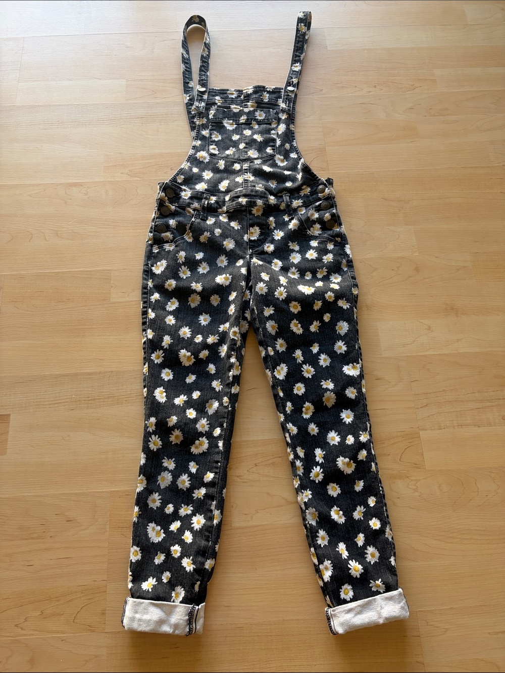 GUESS Jeans Daisy Floral Denim Overalls Size 24 Black White Yellow
